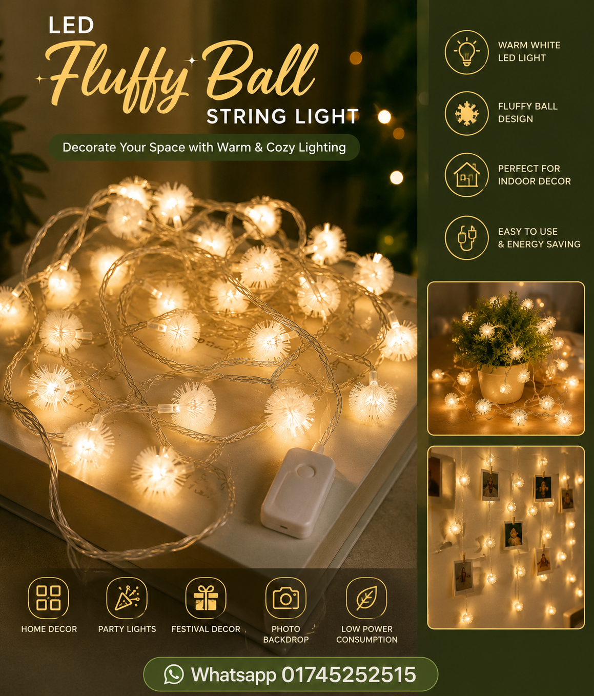 LED Fluffy Ball String Light – Warm Cozy Decorative Lights