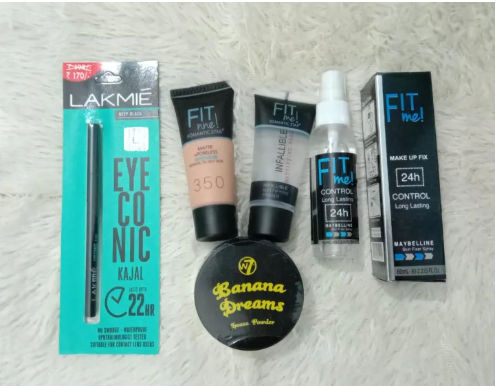 5 in 1 cosmetics combo foundation,primer,eyeconic kajol,w7 loss poder ,setting spray
