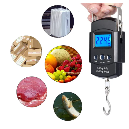 Electronic Portable Weight LCD Digital Scale 50 kg Capacity with Hanging Hook, Accuracy 5g-10g, Hanging Digital Weight Machine for Luggage, Cylinders, Fishing Hunting & Any Others Household Item (BLACK COLOR BODY AND BLUE DISPLAY)
