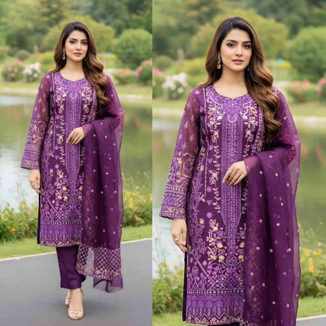 Unstitched 3 Piece Embroidered Dress